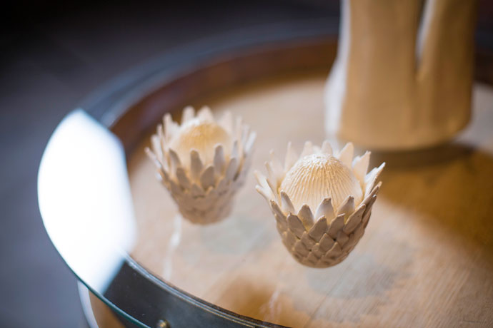 Jo-Pentz, white earthenware, hand built salt & pepper shakers, Protea Collection