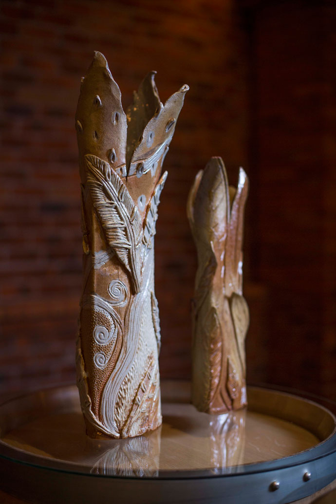 Millstone Pottery (Paul de Jongh & Nina Shand), wood fired stoneware with natural ash glaze, hand built Leaf vases