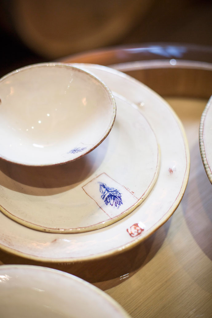 Sue van Rensburg, earthernware with printed flora, Plant plates (set of dinner & side plate, soup & small bowl)