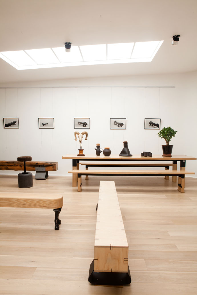 The benches for which Laurie is renowned are displayed in the first-floor gallery. The prints on the walls are by Laurie’s mentor, artist Wim Botha.